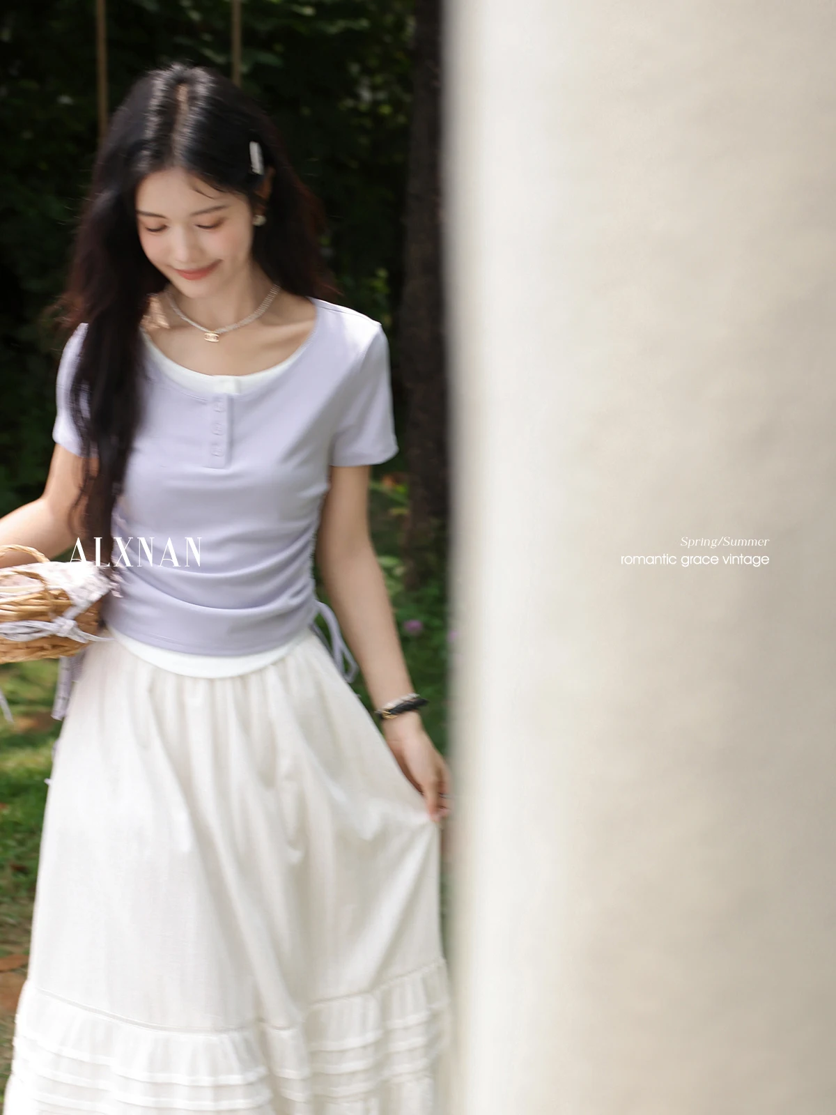 ALXNAN Plus Size Women's T-shirt Purple Elegant Short Sleeve T-shirt 2025 Summer Round Neck Drawstring Waist Tops Ladies D10588
