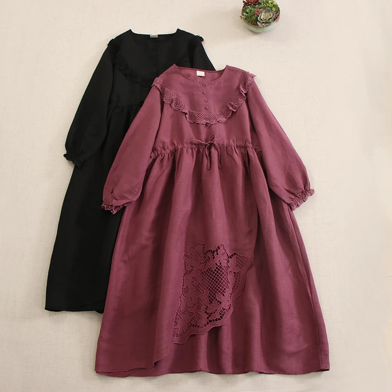 Japan Style Mori Girl Lace Embroidery Patchwork Dress Women Spring O-Neck Long Sleeve Casual Loose Drawstring Waist Midi Dress