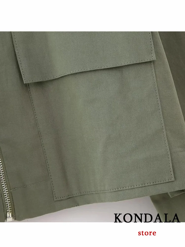 KONDALA Casual Armygreen Women Blouse Solid Turn-down Collar Zipper Pockets Short Loose Blouse Fashion 2023 Autumn Shirts