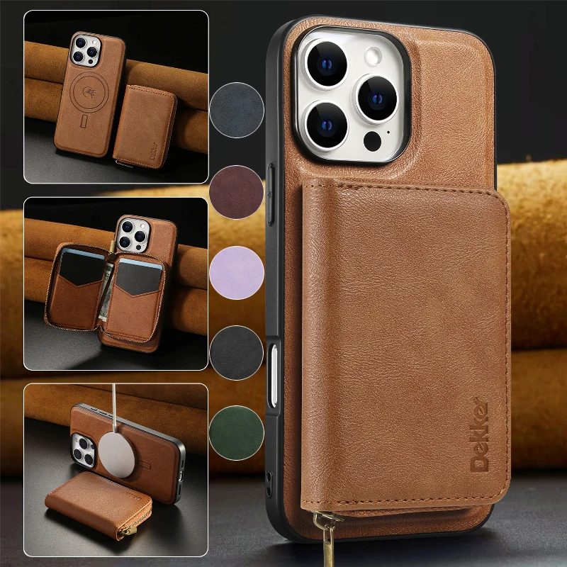 Detachable Magnetic Phone Case For iPhone 16 Pro Max 15 Plus 14 13 Pro 12 Solid Color Phone Cover With Zipper Wallet Card Bag