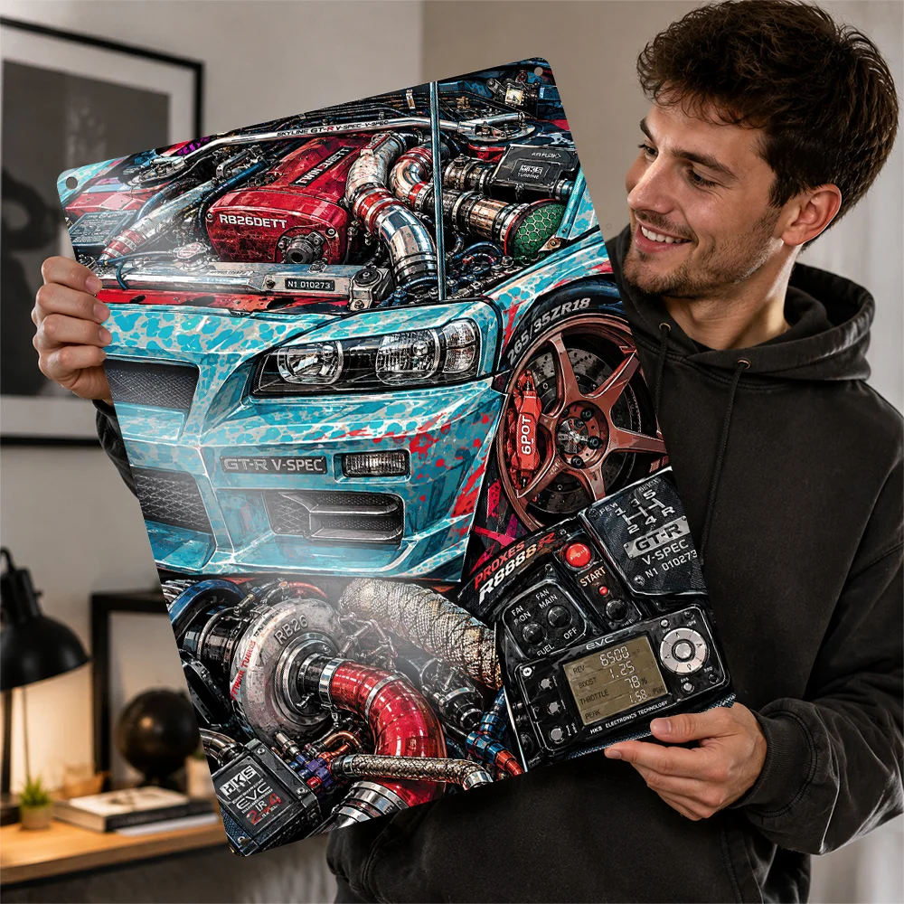 Japan Skyline GT-R V-Spec R34 Cyan Pop Graphic Sports Car Textured Poster Customized Metal Tin Sign Wall Art Ideal For Bedroom