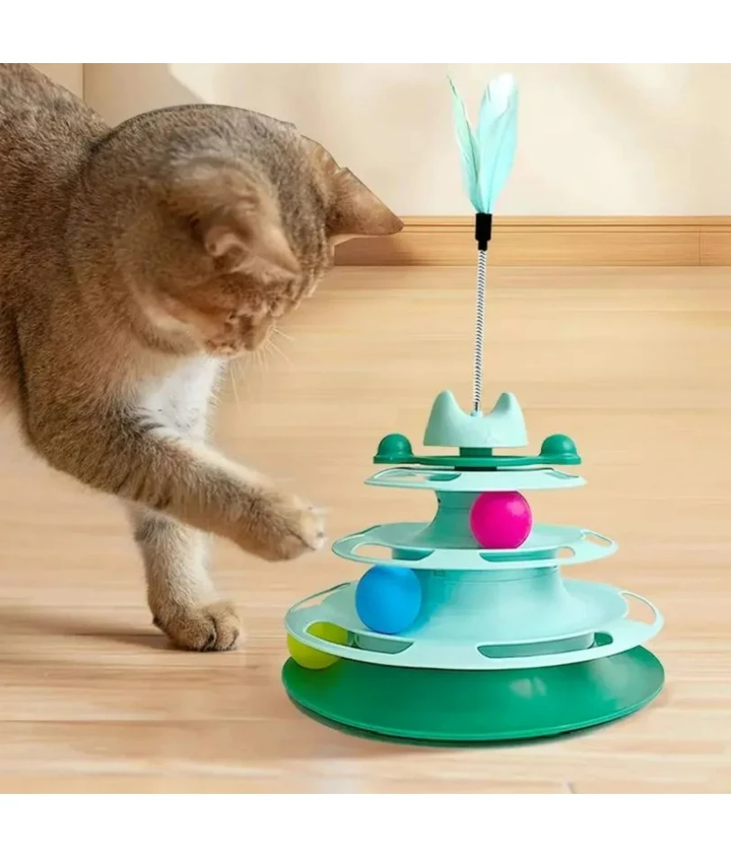 

Interactive Cat Toy Tower Kitten Turntable Track Roller Balls Toys With Feather Pets Training Supplies Toy For Cat Tower