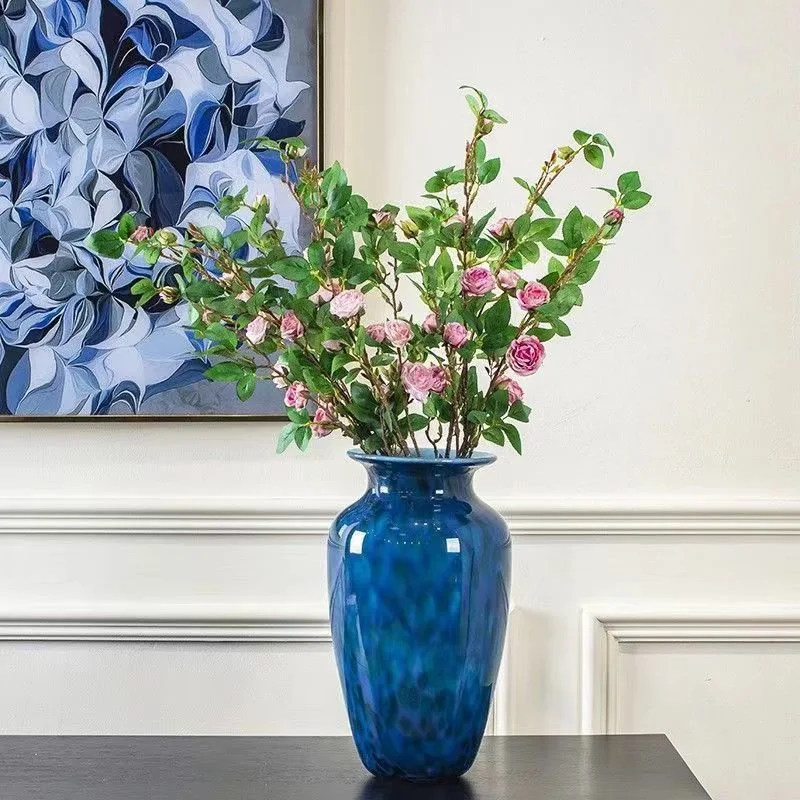 Modern, Luxurious And Retro Chinese Floor-standing Peacock Blue Glass Vase For Home Decoration
