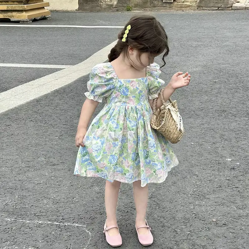 Girls Summer Floral Backless Dress – Puff Sleeve Square Neck Princess Dress, Korean Style Kids Fashion