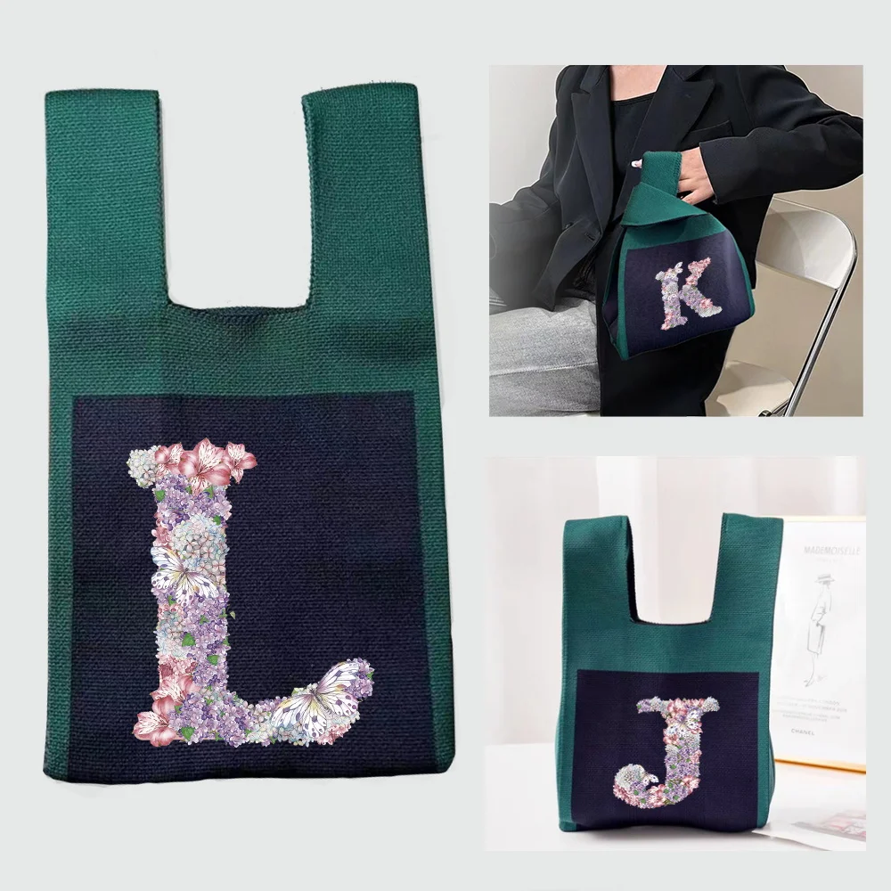 Handbag Top-handle Bags Portable Knitted Yarn  Crochet Bag Shopping Storage Bag Rose Flower Simple and Convenient Tote Bag