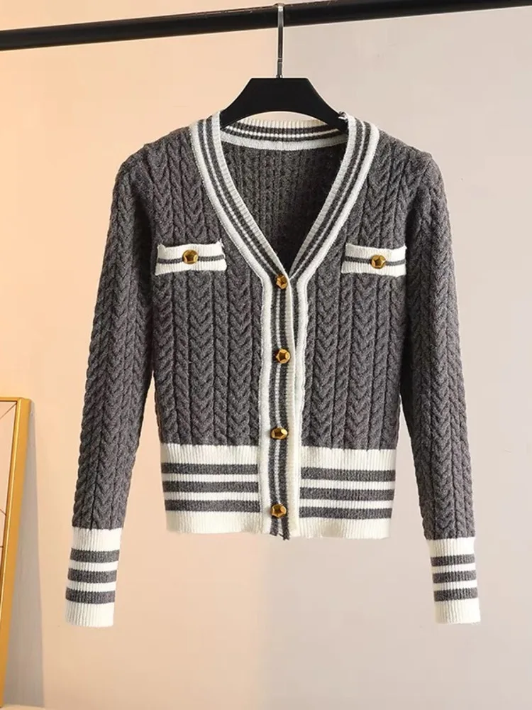 College Style Grey Twist Sweater Coat Women New Autumn Winter Contrast Color Striped V-neck Knitted Cropped Cardigan Ladies Tops