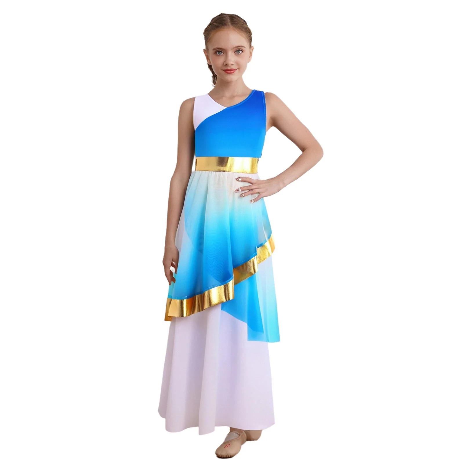 

Kids Girls Liturgical Praise Dance Dress Gradient Color V- Neck Sleeveless Metallic Waist Asymmetrical Mesh Layer Long Dress