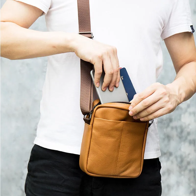 Soft Genuine Leather Men Shoulder Bag Casual Cow Leather Male Mini Crossbody Bags Cowhide Sling Bag For Male Bag Black