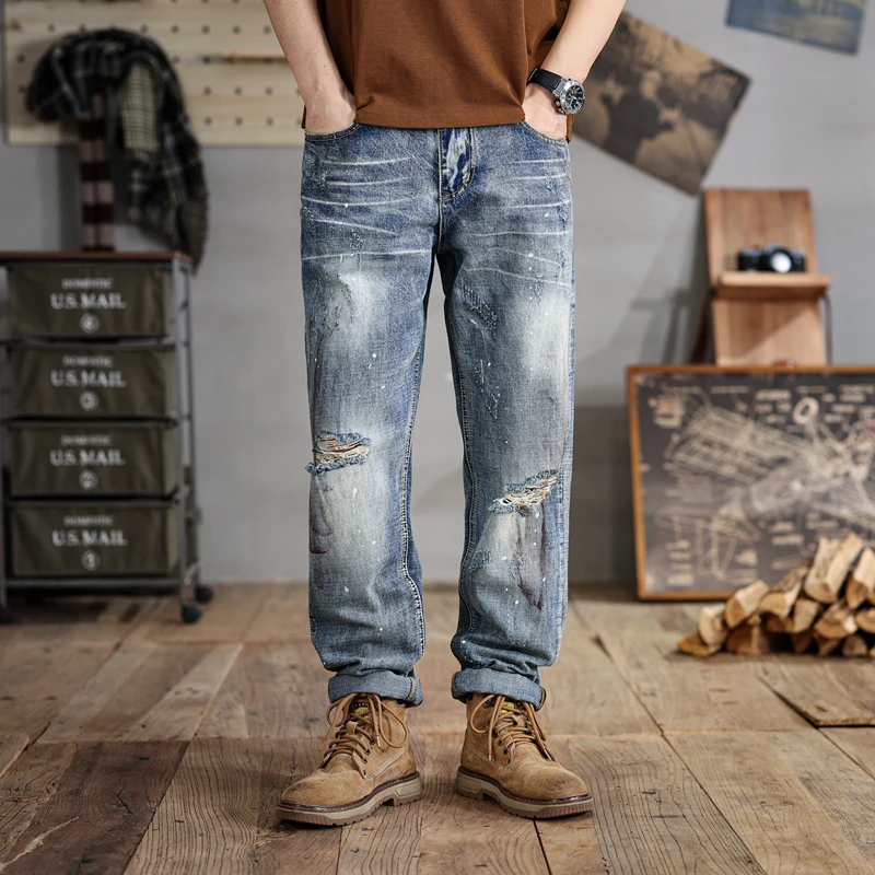 28-48Large Size Men's Jeans Broken Hole Design Distressed Retro Loose Straight Street Trend Fashion Fat Guy's Pants