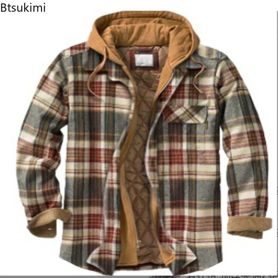 2025 Men's Winter Printed Cotton Jackets Harajuku Plaid Shirts Coats Hooded Zipper Long Sleeve Basic Casual Shirts Jackets Male