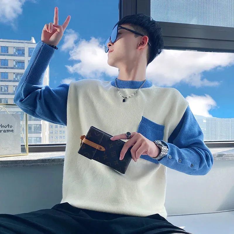 

Contrasting Color Sweater Men's Loose Base Shirt Autumn Winter Men's Tops 2025 New Trendy Brand Inner Thread Knitted