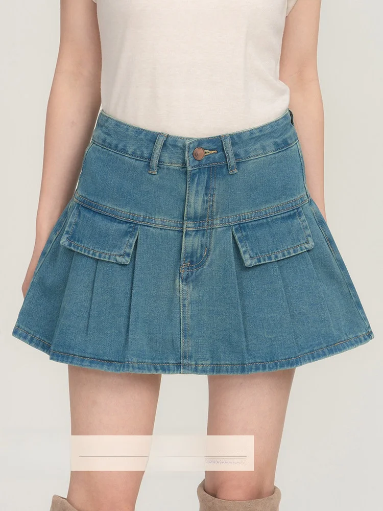 

Новая винтажная синяя джинсовая юбка Loveheynew А-силуэта, женская, с высокой талией, плиссированная, короткая, весенняя новинка, из смесового хлопка и вискозы