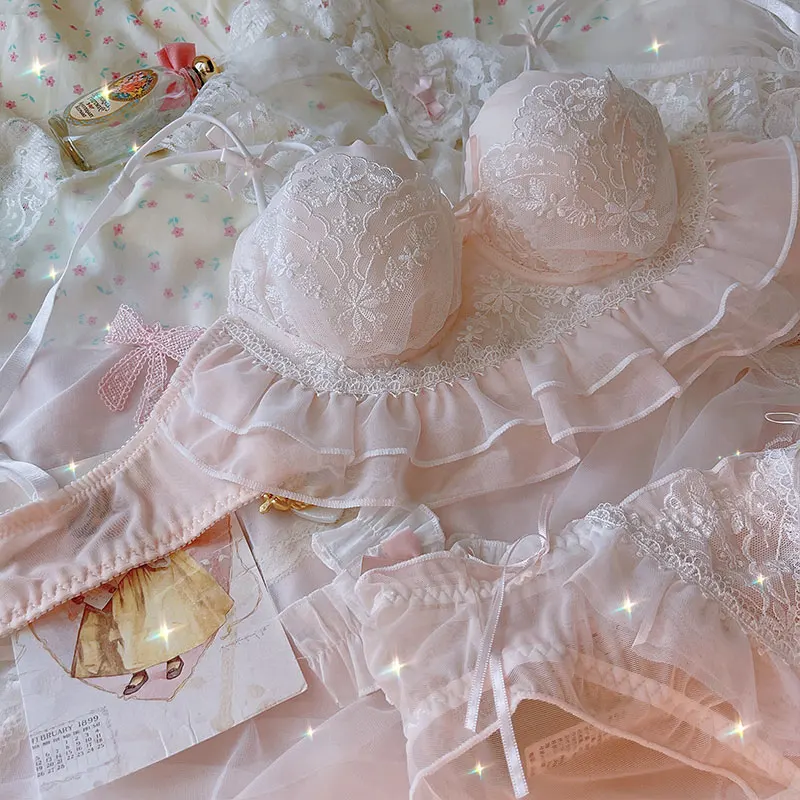 الأميرة الملابس الداخلية لطيف الصدرية النقية مجموعة الأبيض الحلو ملخصات الإناث لوليتا فتاة اليابانية Brattle اللاسلكية الدانتيل كشكش الصدرية سراويل البدلة