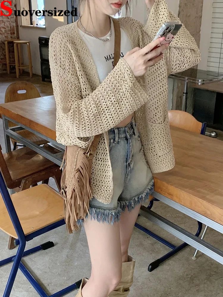 

Women Knit Hollow Out Cardigan Loose Casual Jackets Korean Long Sleeve Sweater Tops Summer Elegant Sunscreen Knitwear Coats