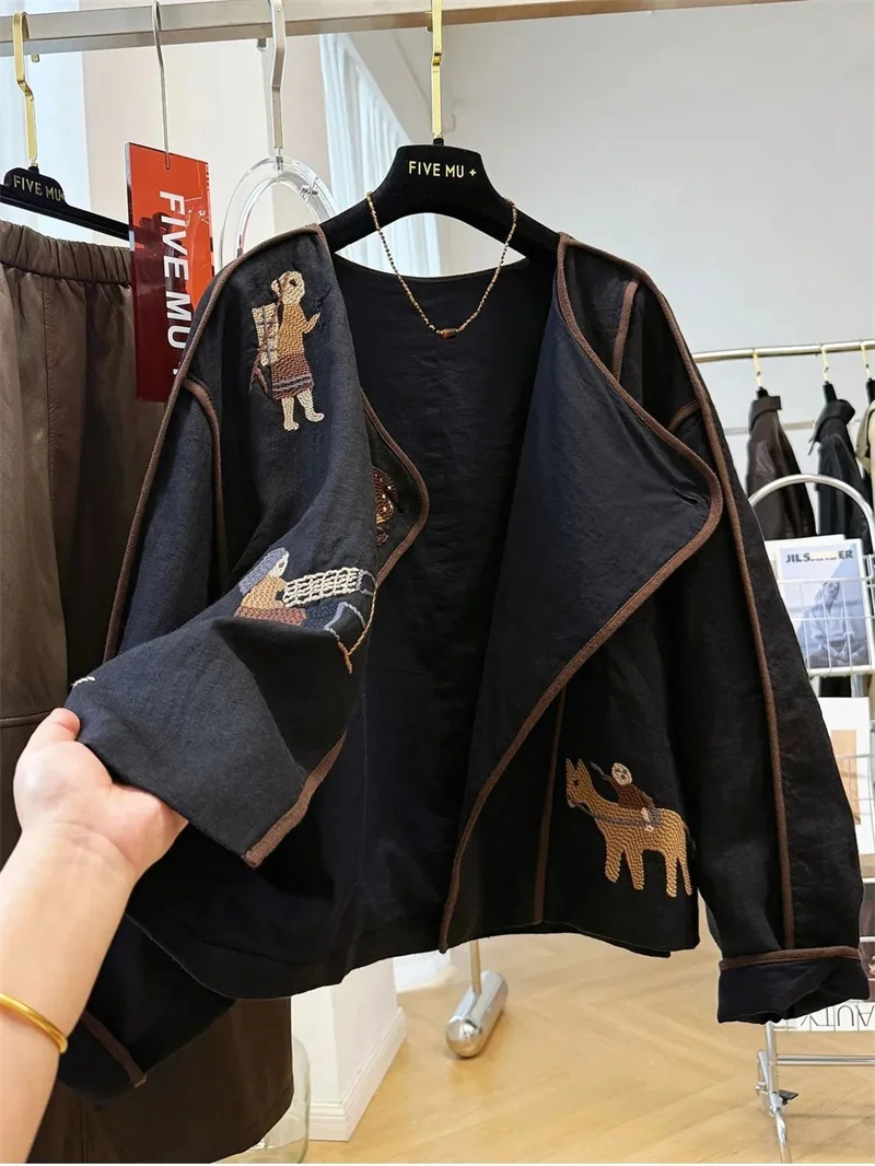 

New Outerwear Women's Jackets New Embroidered Round Neck Short Coat Women's Autumn Great-looking Loose Casual Jacket Jacket Coat