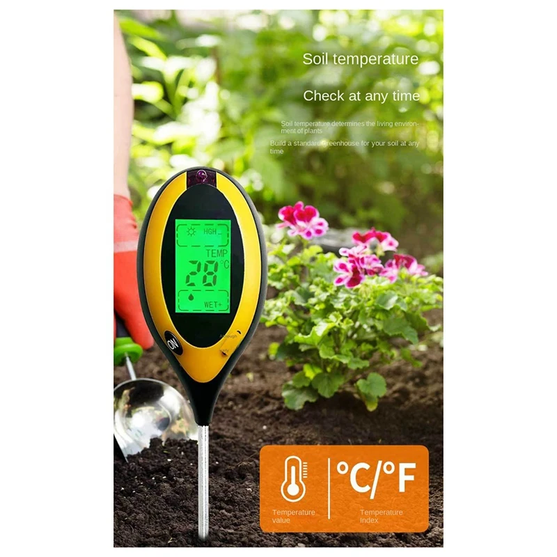 4 In 1 Soil PH Meter Moisture/Temp/Soil PH Tester Sunlight Intensity Meter For Gardening Plants Farming With Backli Easy Install