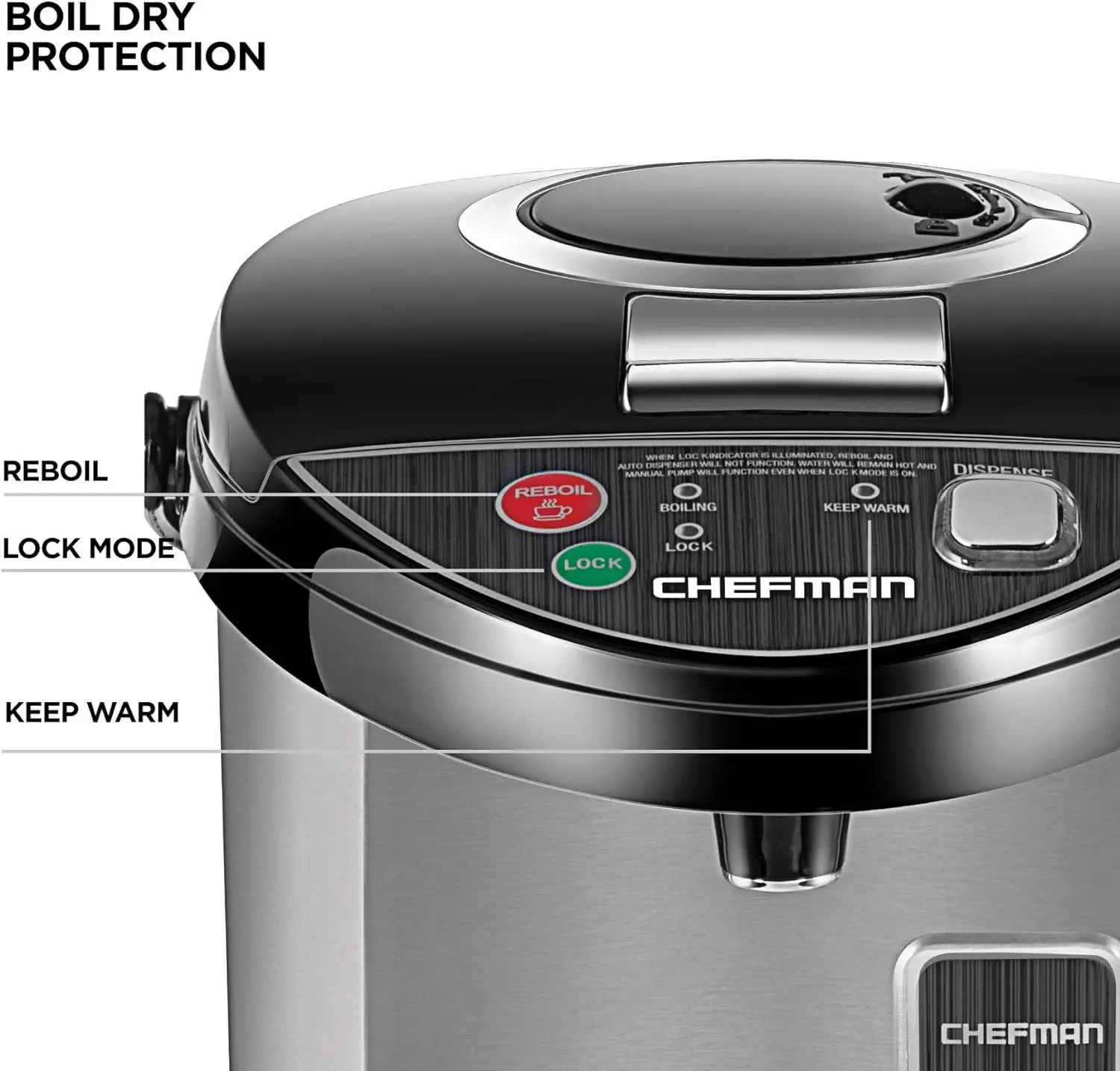 Chef electric kettle urn with automatic and manual dispensing buttons, safety lock, instant heating of coffee and tea