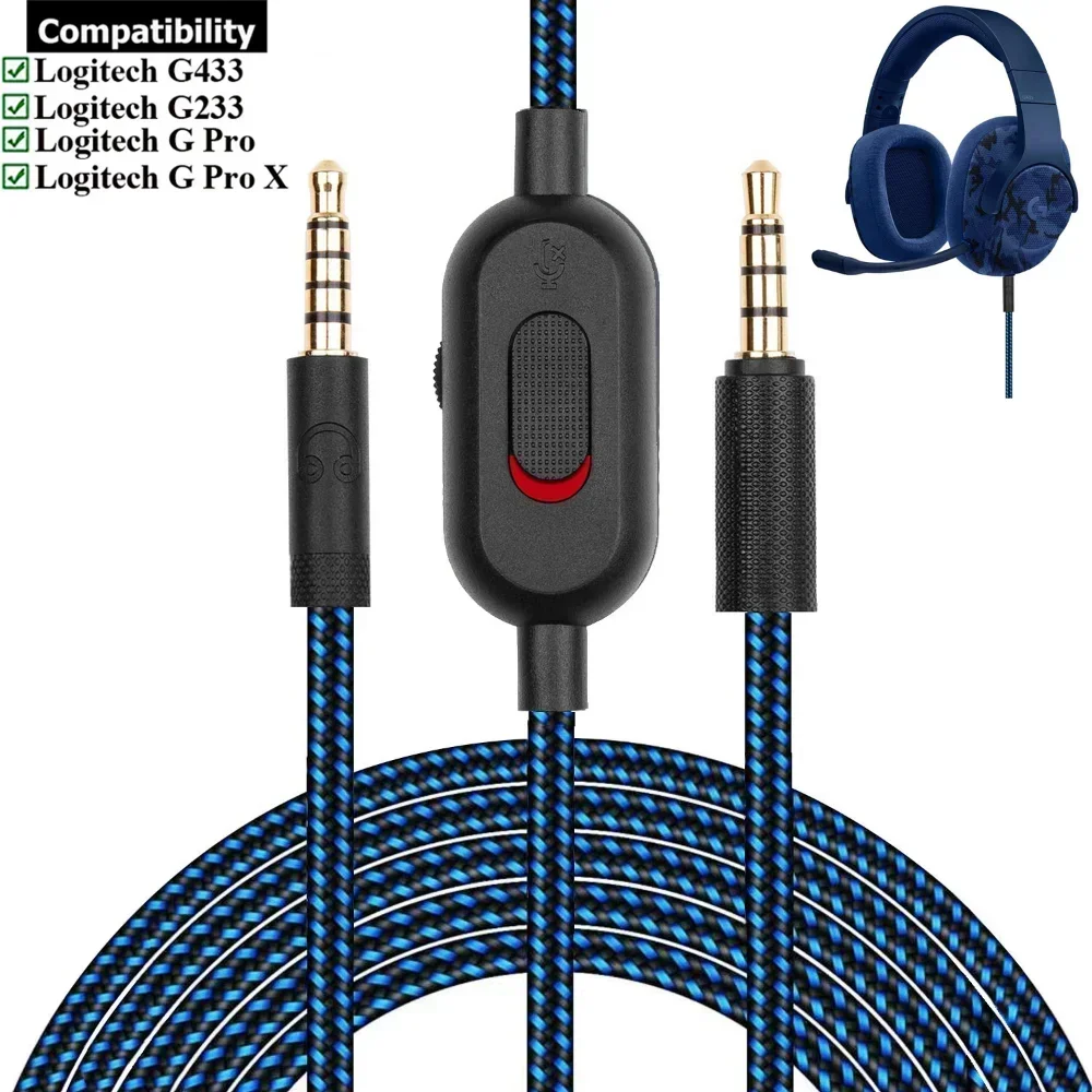 

Replacement Cable Extension Cord for Logitech G433 G233 G Pro X Gaming Headset With Mic Mute Volume Control Clip