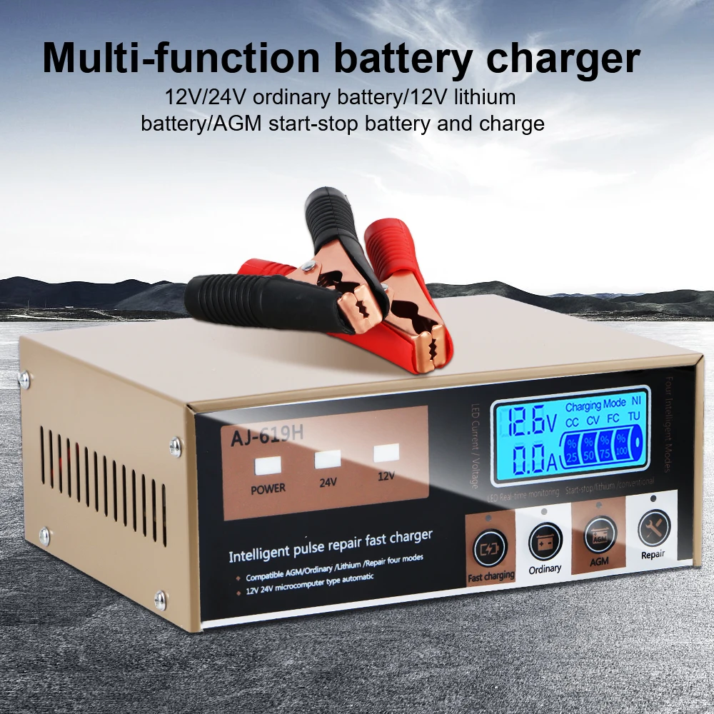 High Power For Motorcycle SUV Truck Intelligent Pulse Repair Battery Charging Smart Car Battery Charger 12V 24V 260W LED Display