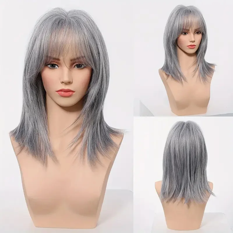 女性用ふわふわウィッグ、ナチュラルダークグレー、マイクロロール加工、高温耐性シルク模造ウィッグ、フルヘッドカバー