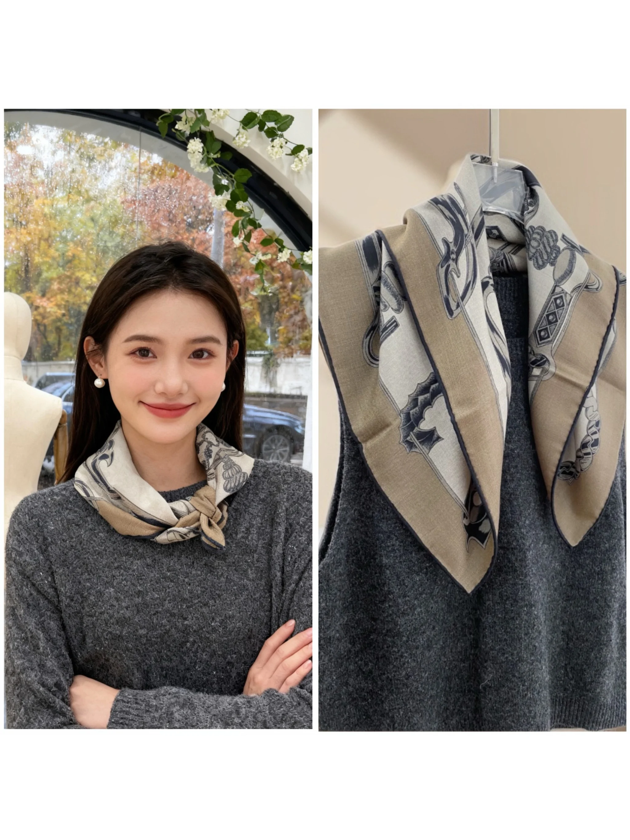 秋冬新作-レディース-シルクウールスカーフ-チェーン馬具-オールドマネースタイル-ショール-ネックウォーマー-スクエアスカーフ