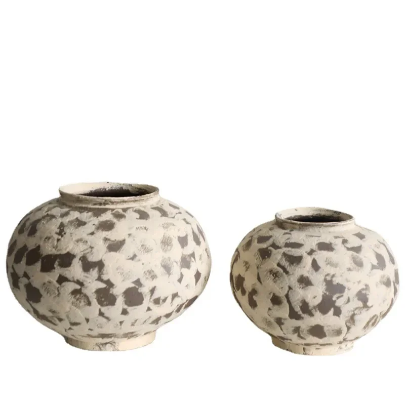 

Wabi-sabi style retro stoneware flowerware Zen vase with dried flowers, old clay handmade clay pots, ceramics homestay