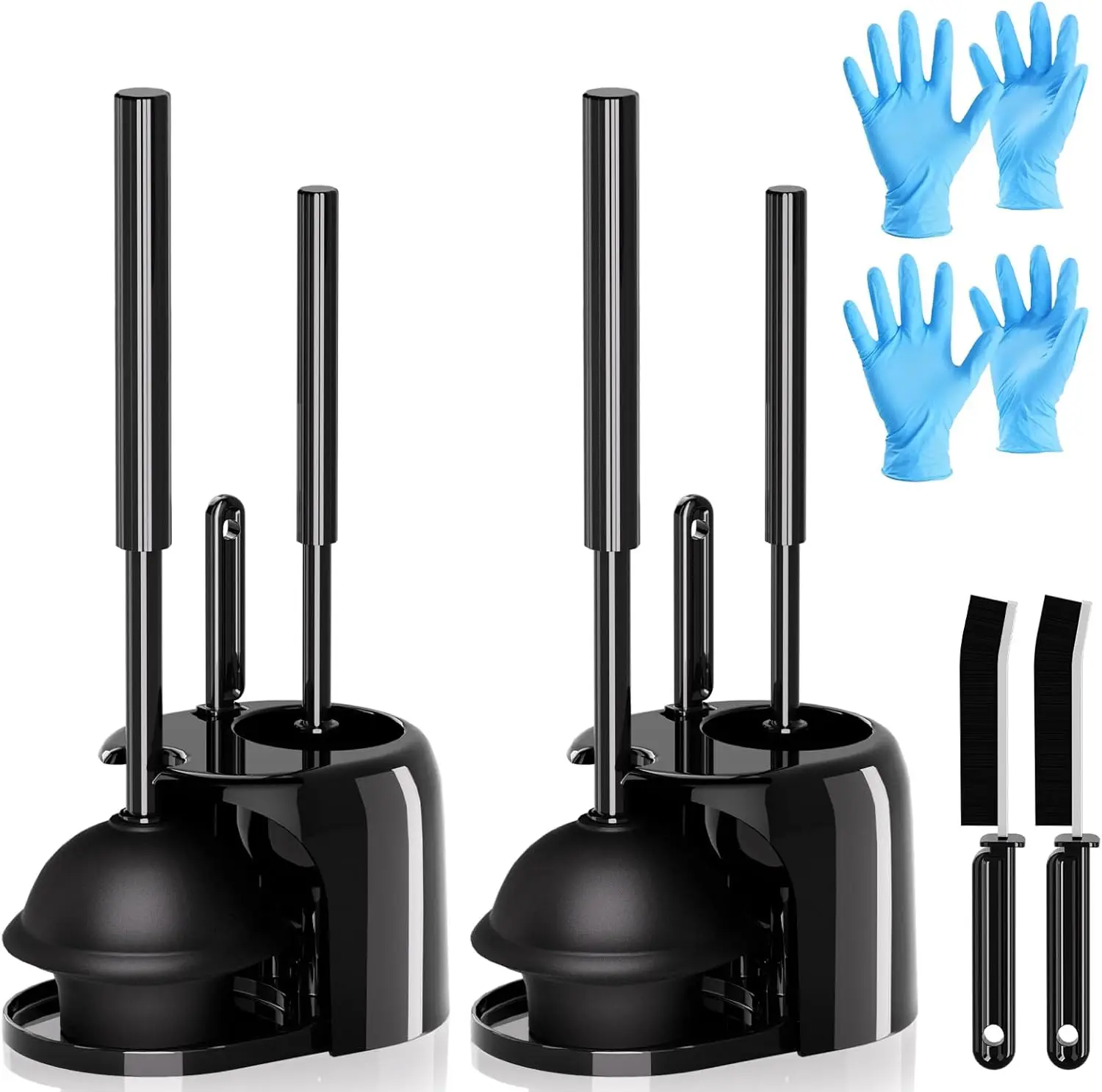 

2-Pack Toilet Brush and Plunger Set with Crevice Cleaner, Long Handle, Holder, Black