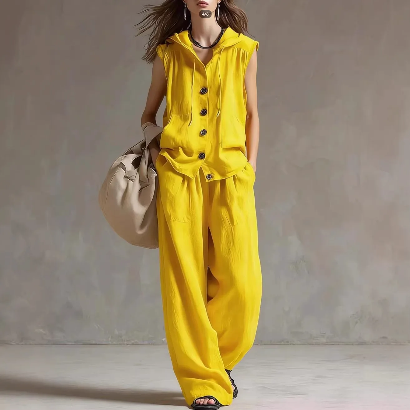 

Casual Loose Hoodied Top And Wide Leg Pants Two Pieces Sets Women Summer New Sleevelees Shirts Outits 2 Pieces Set
