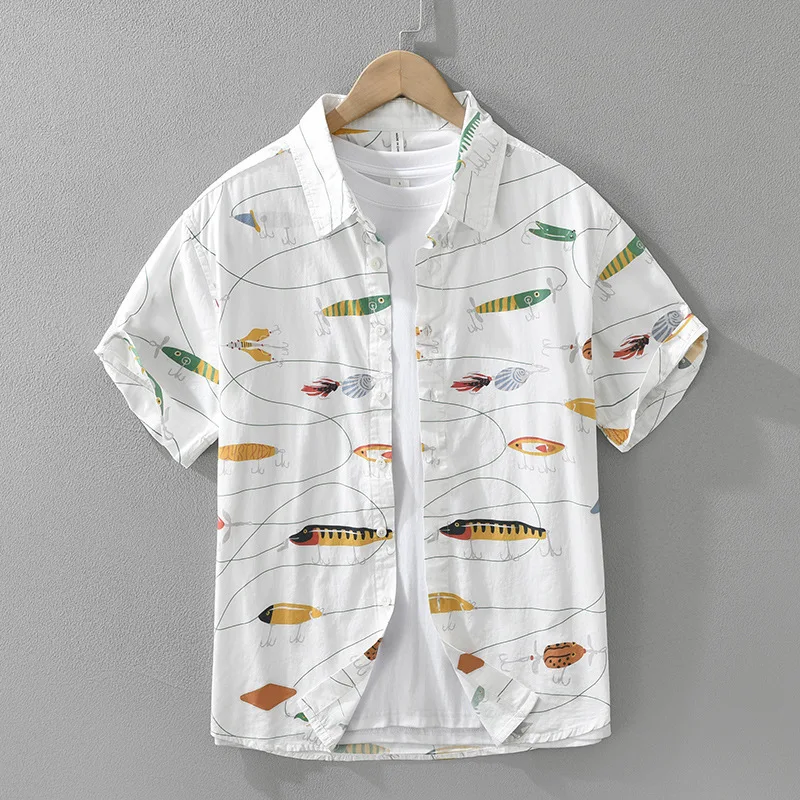 Summer men's Japanese cartoon printed fresh short sleeved shirt with fashionable and versatile collar and casual loose top