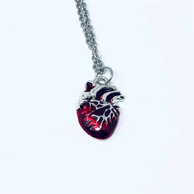 Anatomical red heart necklace gothic y2k grunge jewelry dainty silver color tonebloody red human heart pendant personalized gift