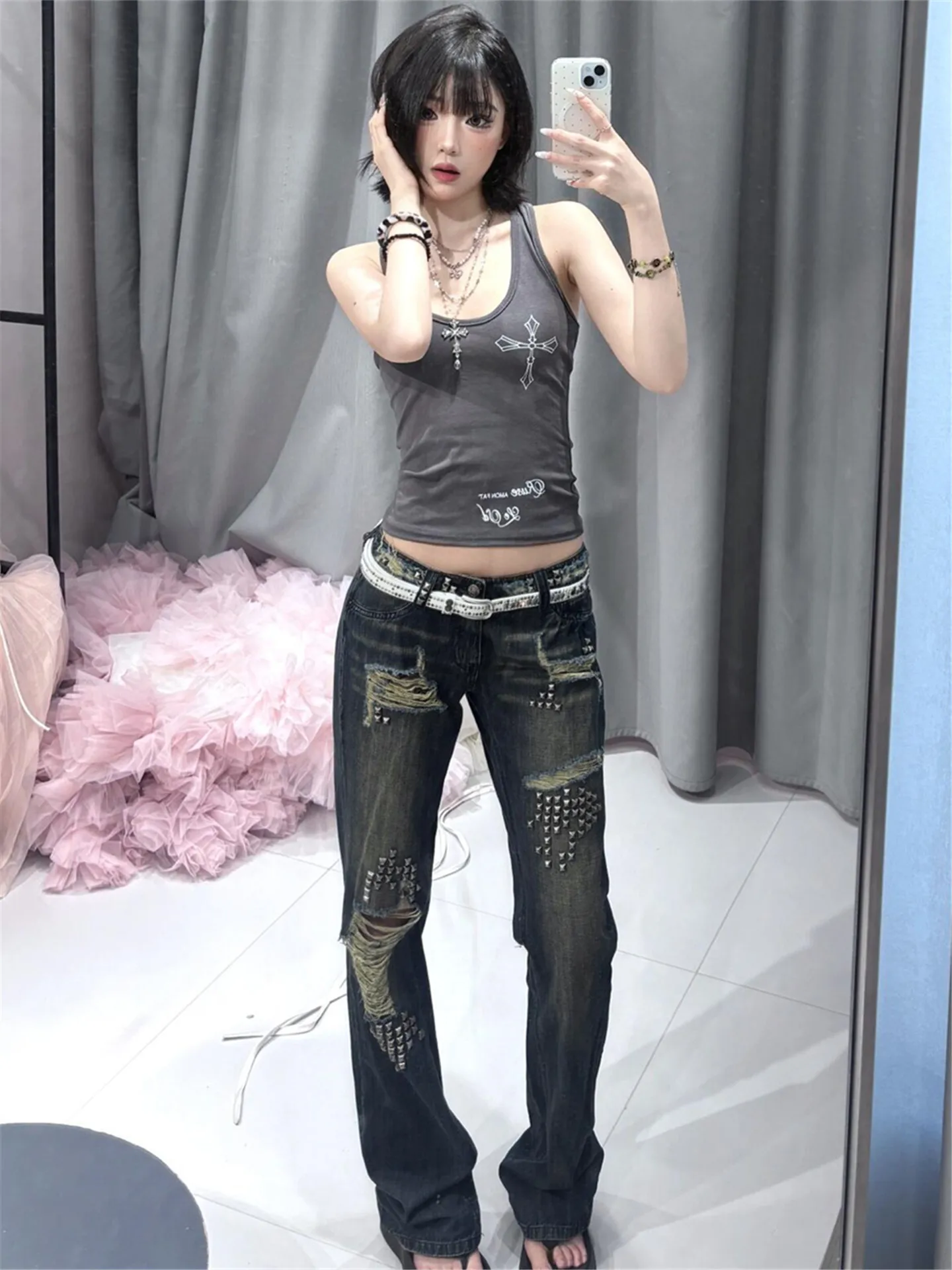 

Retro High Waist Bell Bottom Jeans Women's Summer Slimming Cotton Denim Pants with Hole Punching Details Casual Loose Fit