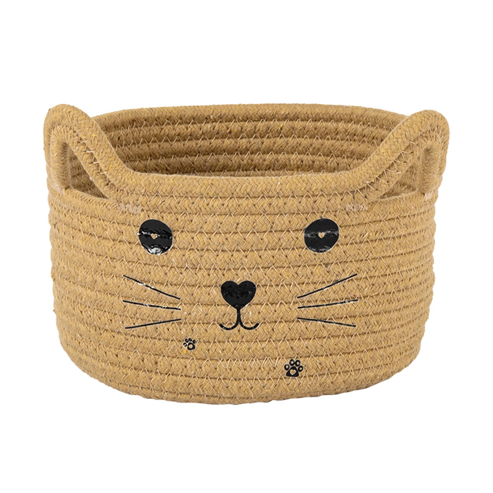 Cute Cat Ears Rattan Storage Box Lightweight Round Box with Handles for Home School Office Desktop