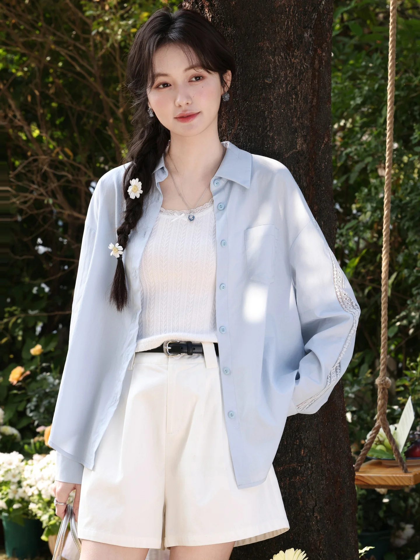 

Blue Lace Hollow out Women's Sun Protection irt Loose Sle Spring Cardigan Outerwear Casual Faion Casual Wind irt