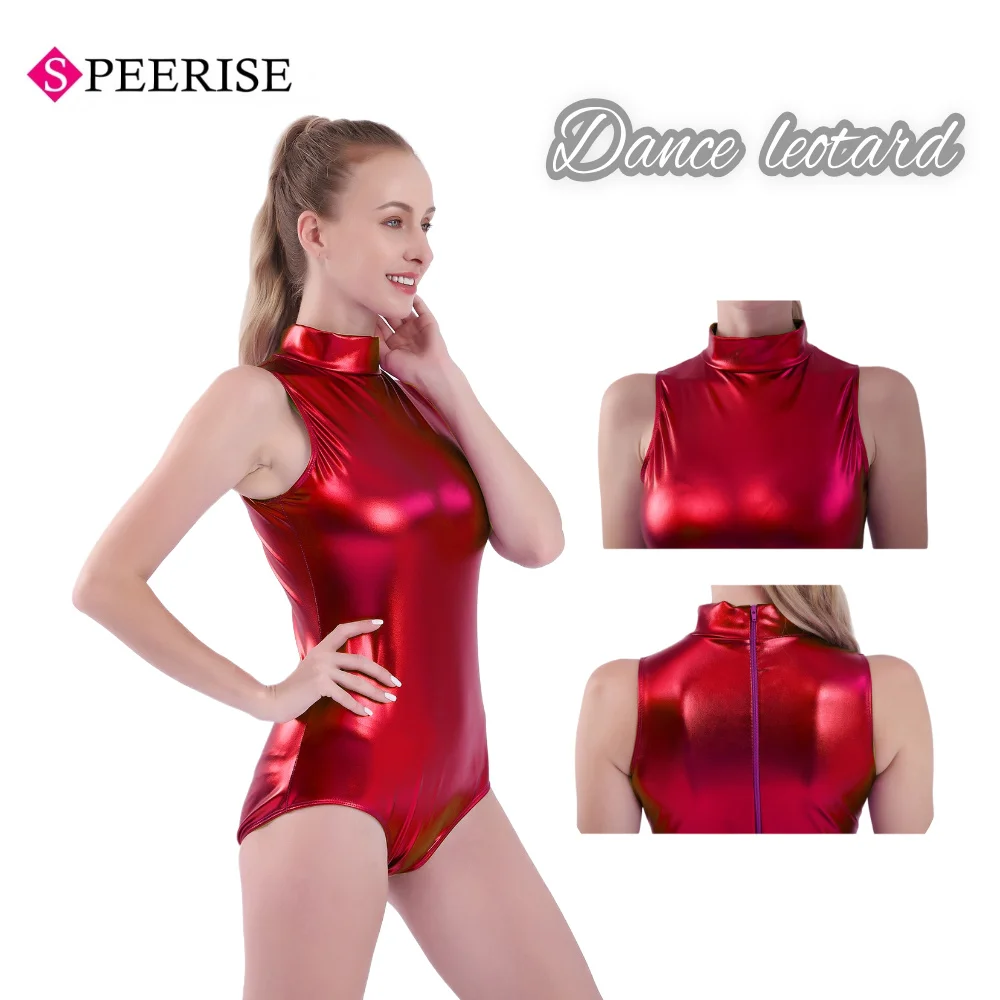 

Women's Shiny Metallic High Neck Leotard Sleeveless Bodysuit with Back Zipper for Gymnastics Dance Performance Cosplay Suits