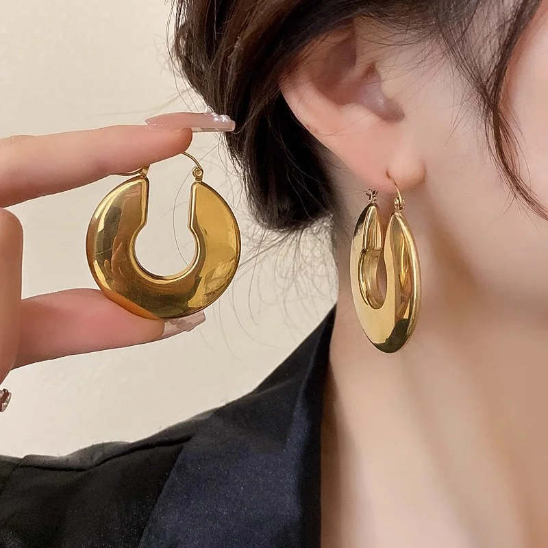 Fashion U-Shaped Chunky Hoop Earrings For Women Chic Geometric Circle Stainless Steel Gold Color Earrings Party Jewelry Gifts