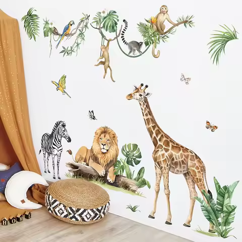 Large Jungle Animal Tropical Leaves Wall Stickers Safari Tree Lion Giraffe Monkey Wall Decals Baby Nursery Kids Bedroom Decor