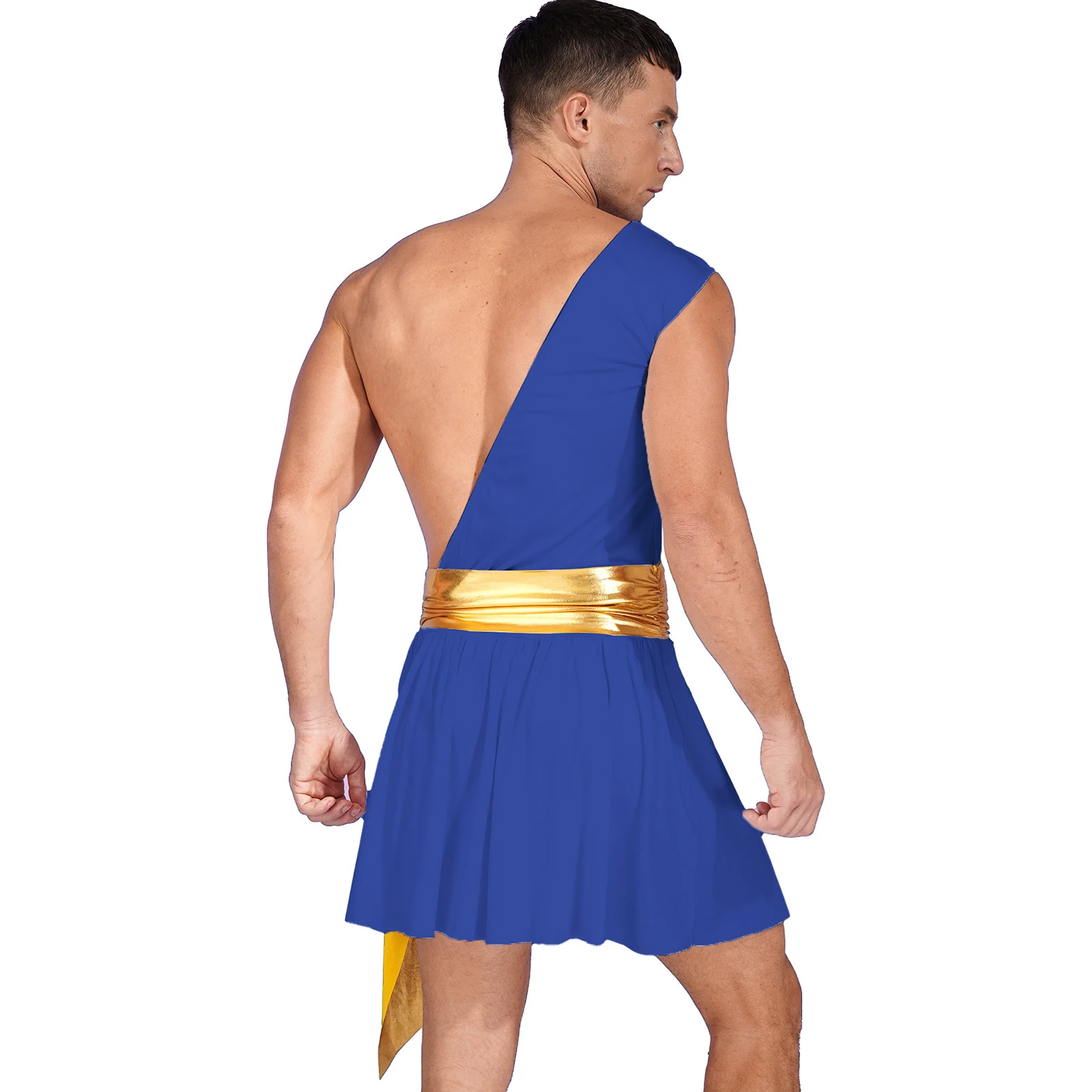 Mens Roman Gladiator Roleplay Costume Ruffle Dress Metallic Ruched Belted Dresses Ancient Greek God Halloween Cosplay Outfit