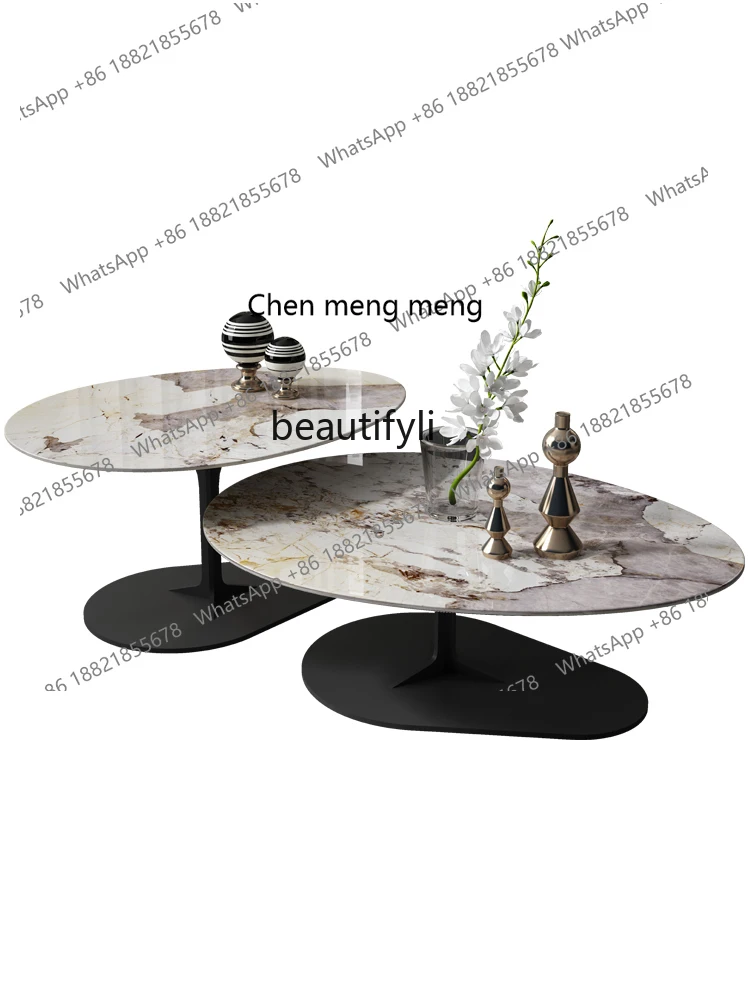 

Stone Plate Coffee Table Retractable Double round Combination Living Room Light Luxury Modern Small Apartment Creative Tea Table
