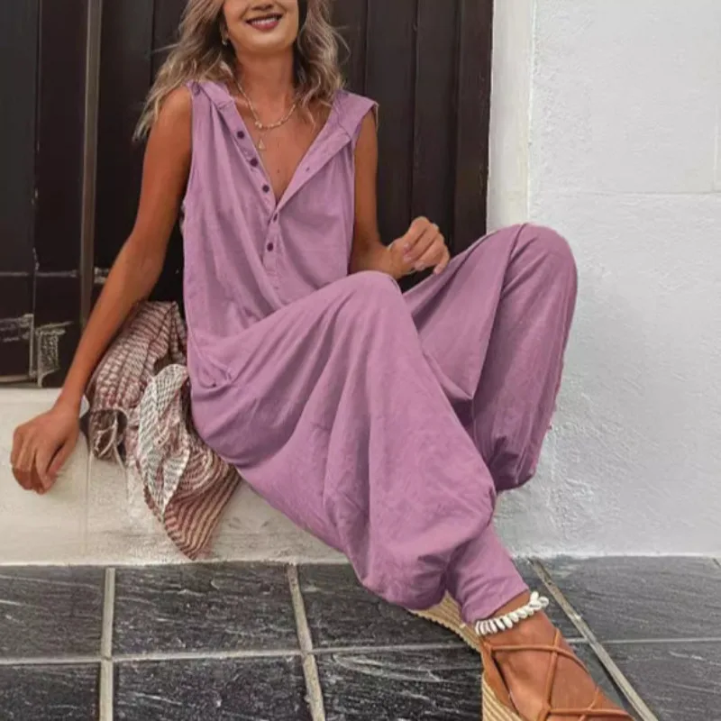 Hot Sale Women Solid Hooded Jumpsuit Button Sleeveless Loose Baggy Long Pants Romper view 3