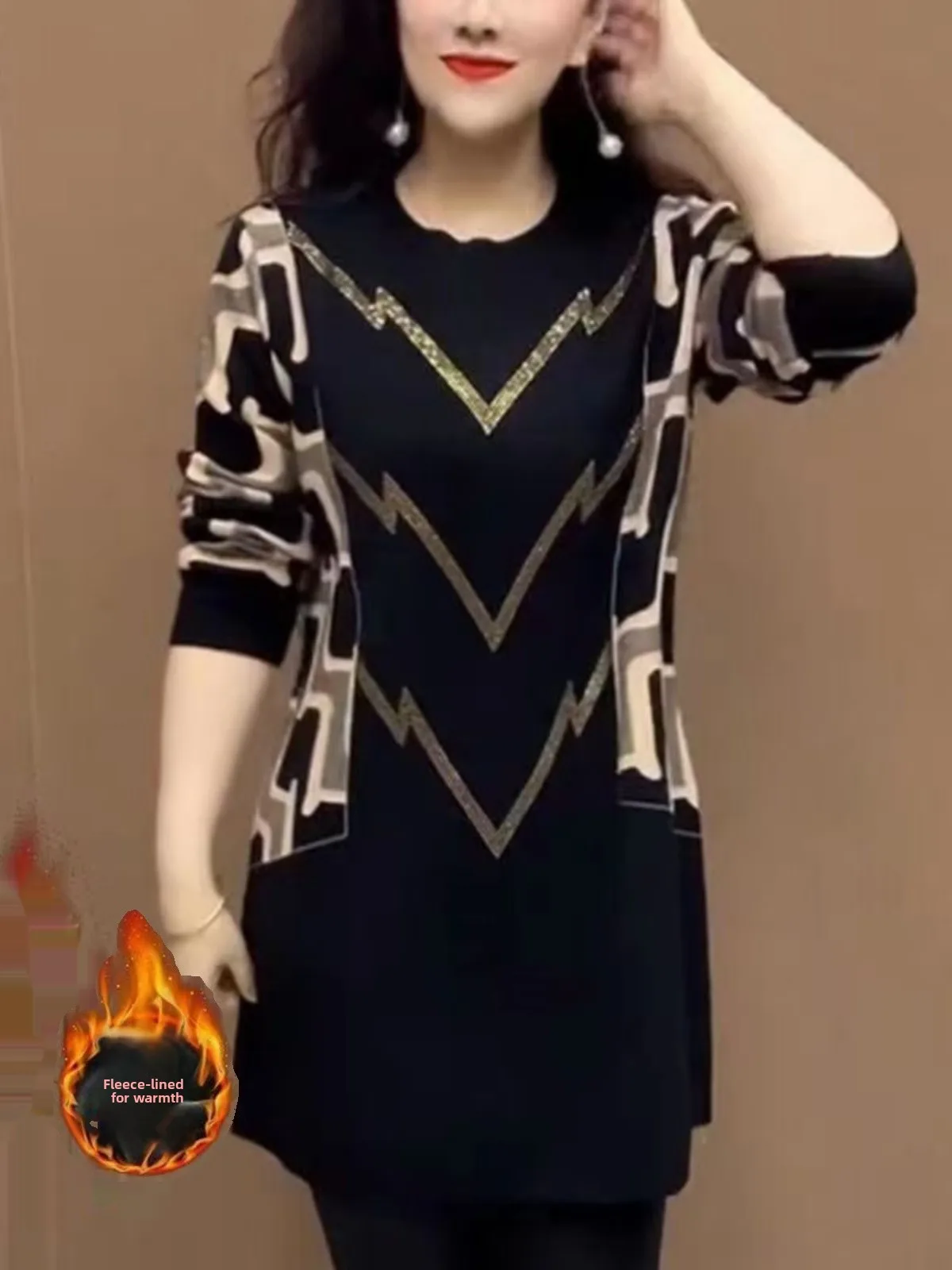 

Теплое платье-туника средней длины с флисовой подкладкой, модное, приталенное, с бриллиантовой отделкой, для женщин, осень-зима, повседневное, с принтом