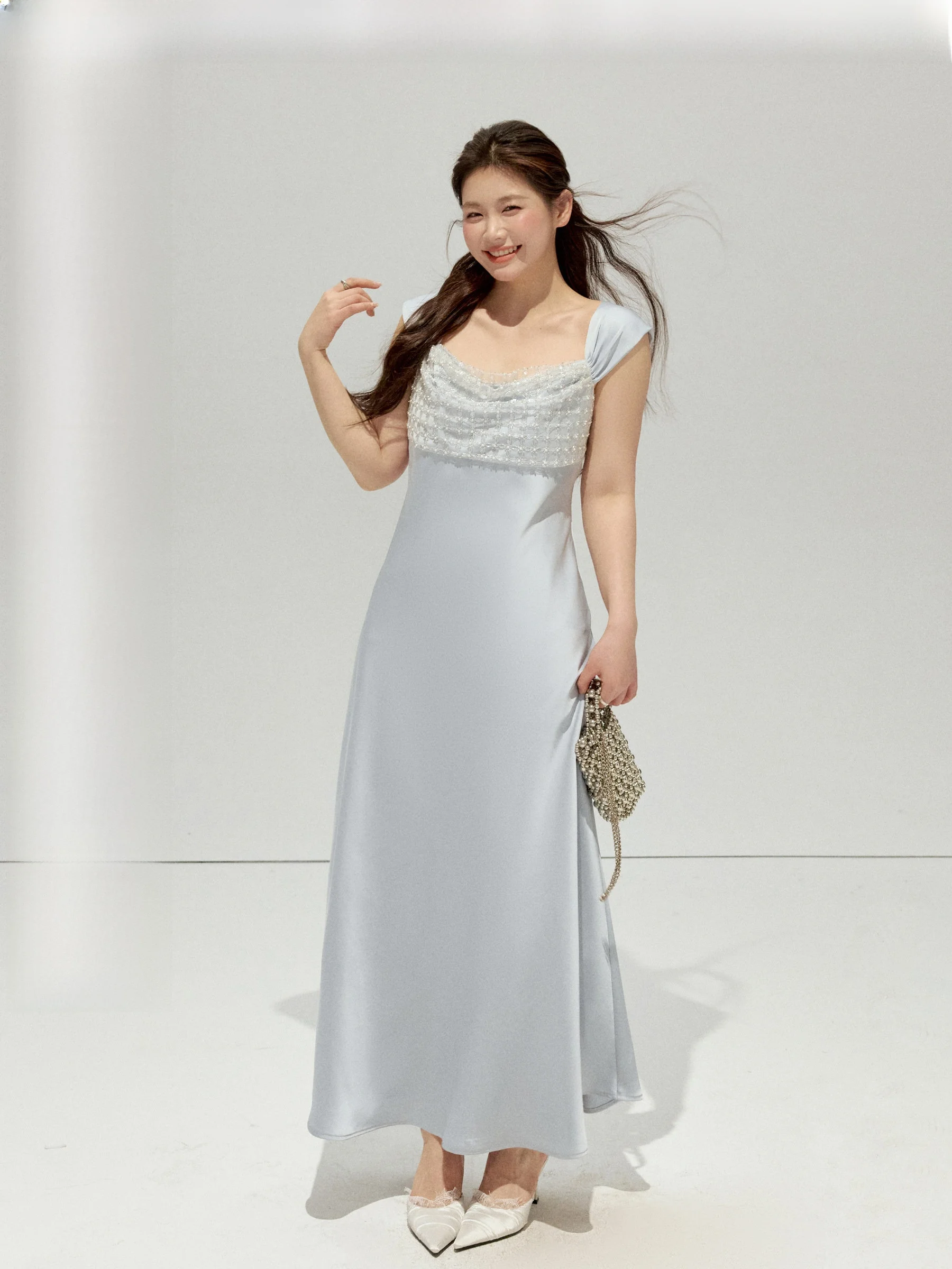 

JULULOOK Studio Large Size Satin Wrap Waist Long Dress Pearl Embellished A-Line French Style Dress for plus Size Women