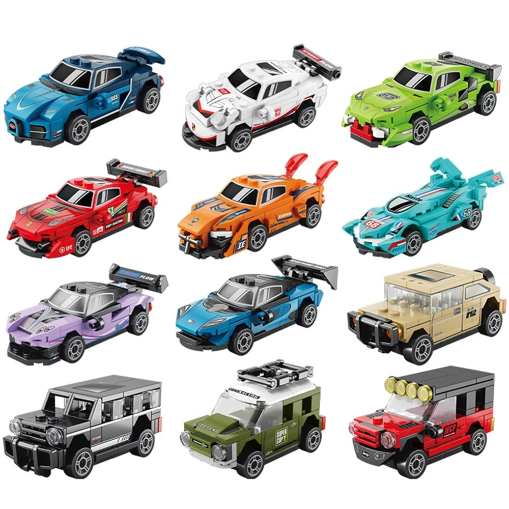 DIY Vier-Gitter-Rennwagen-Bausatz mit Rückziehfunktion, Rennauto-Spielzeug für Jungen, Filmmodell, Stadt, Kindergeschenk