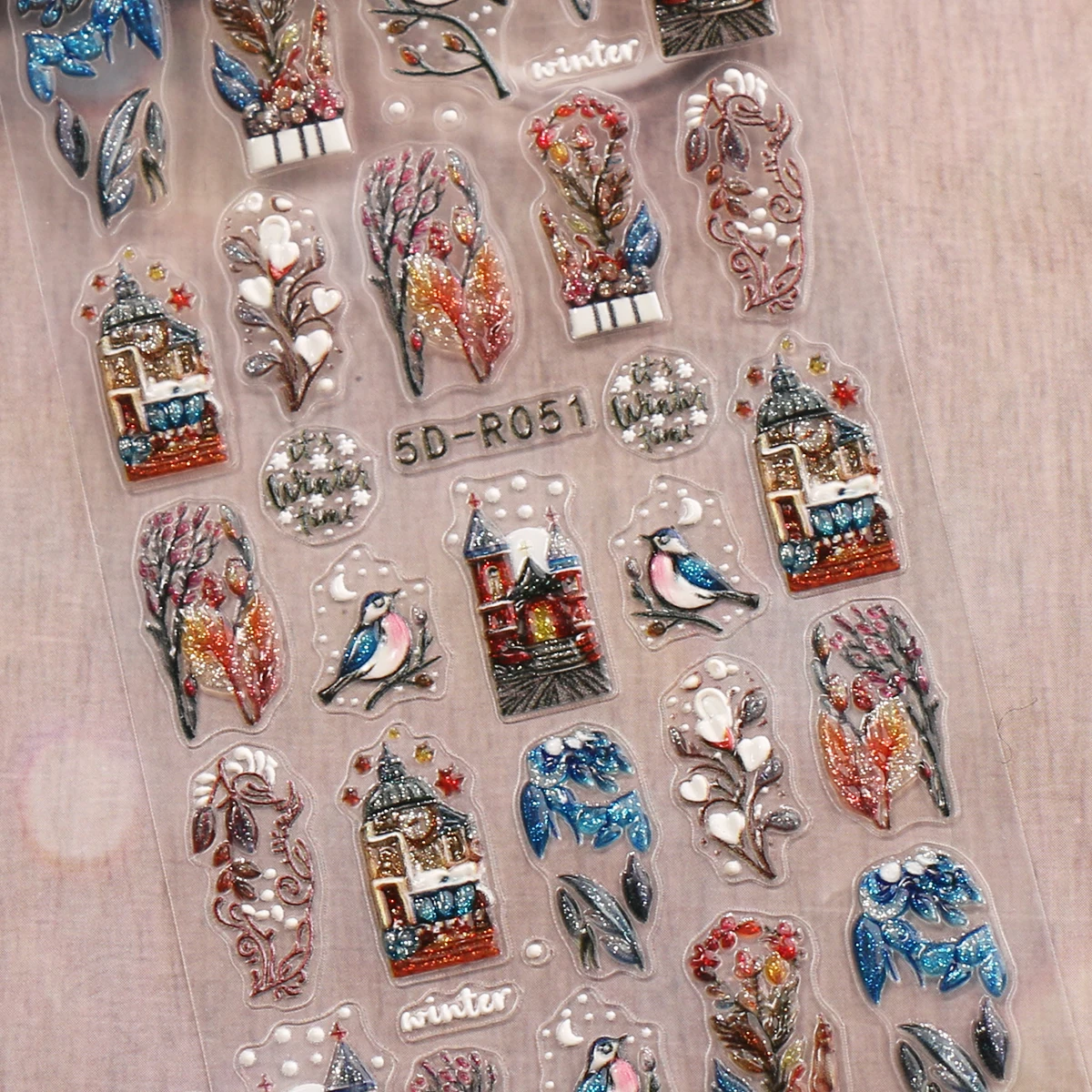 2 stücke winter Weihnachten grün blatt obst glitter geprägte nail art aufkleber, retro pastoralen thema, einfach anzubringen nagel dekoration,