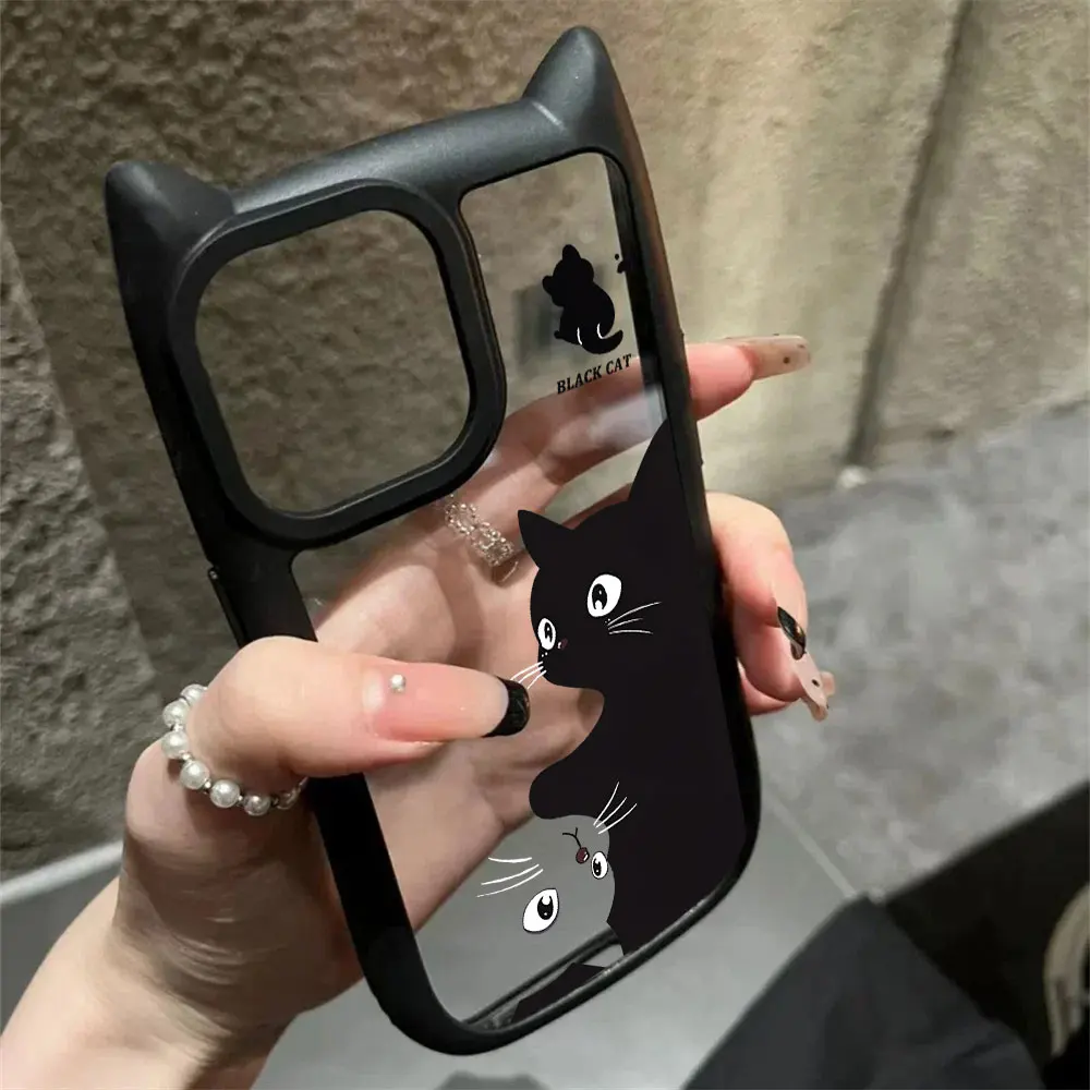 Lovely Black Cat Cute Cat Ear Phone Case For iPhone 16 15 14 13 12 11 Pro Max Transparent Hard Acrylic Soft Silicone Bumper