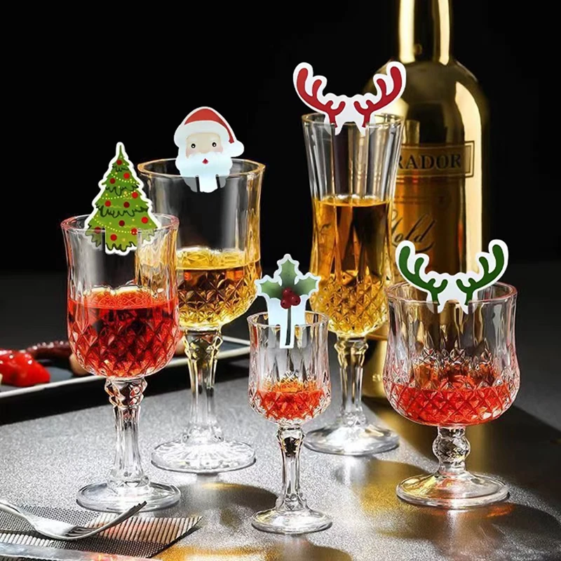 10/60PC Christmas Glass Card Elk Santa Hat Wine Cup Card Insert Festive Decor Ornament Christmas Party Decorations For Home 2024