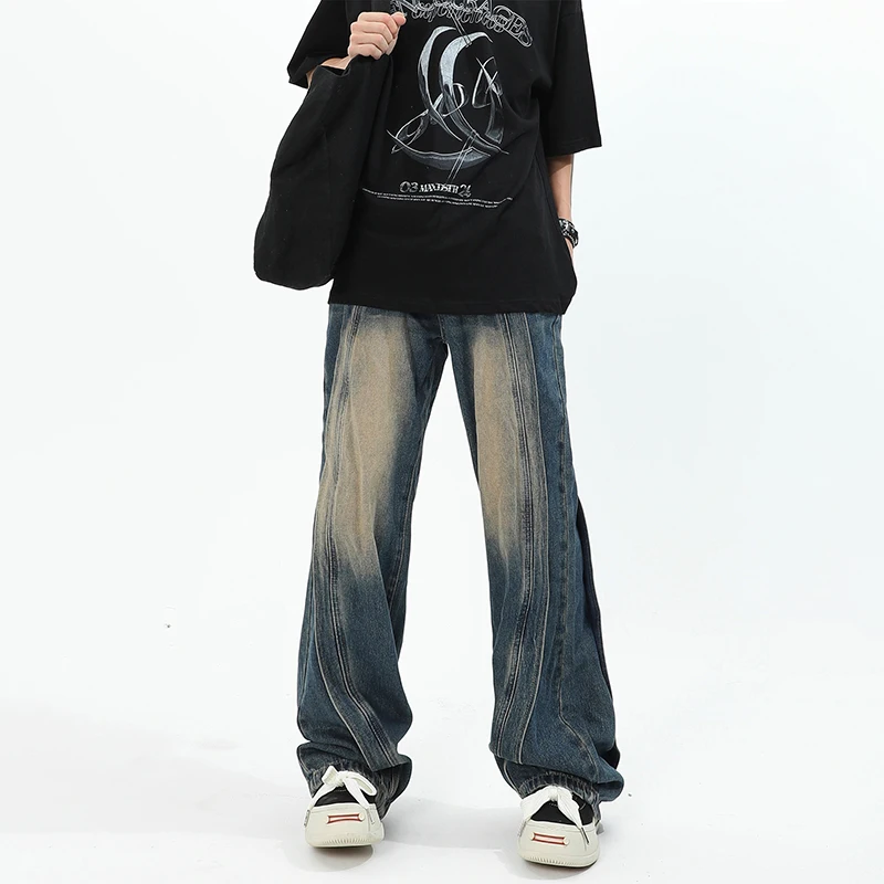 

2025 Korean Retro Blue Jeans Patchwork Design Jeans Men'S Loose Straight Leg Pants Casual Pants Flared Jeans Y2k Pants