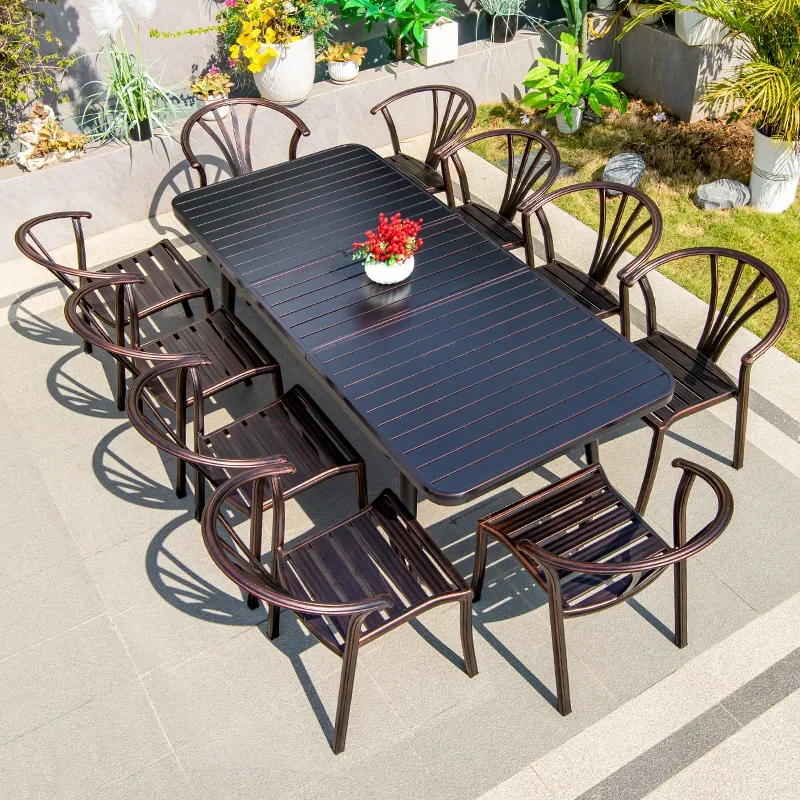 Contemporary aluminum patio dining table and chair set rectangle outdoor garden furniture restaurant backyard table