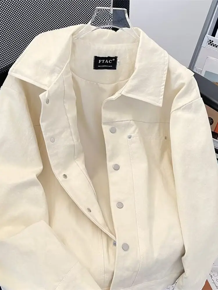 

Повседневная свободная белая куртка для подростков, осенняя новинка, мужская одежда, с пуговицами, из канваса, с длинными рукавами, молодежная мода