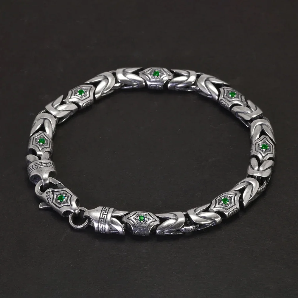 

Real 925 Sterling Silver Bracelet For Men 7mm Vintage Handmade Byzantine Pure Silver Armband Diamond Set Jewelry Boyfriend Gift
