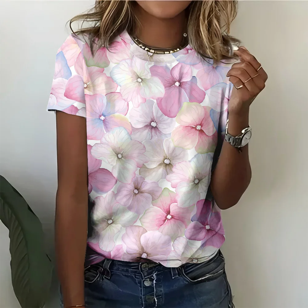 

Women's Chic White Watercolor Printed Round Neck Short Sleeved Casual Fashionable And Comfortable Summer T-shirt